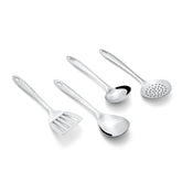 Montavo by FnS Amazon Stainless Steel Serving Tools Set of 4, 1 Gravy Ladle (chamcha), 1 Skimmer Turner(Karchhi), 1 Slotted Turner(Palta), 1 Veg Serving Spoon(Spatula)